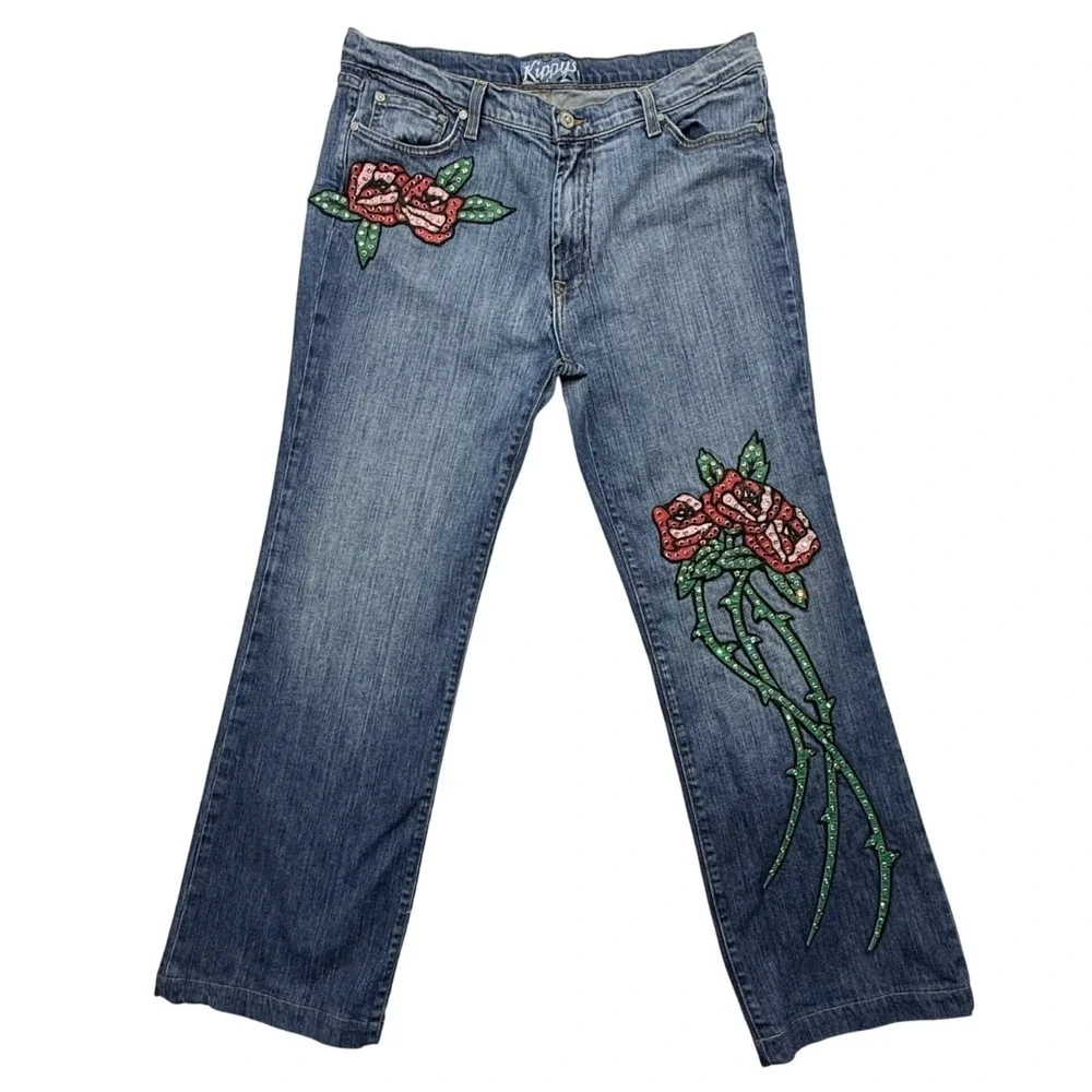 VTG Y2K Kippy's Swarovski Crystal‎ Rose Jeans Glam Western Bling USA Womens 14
